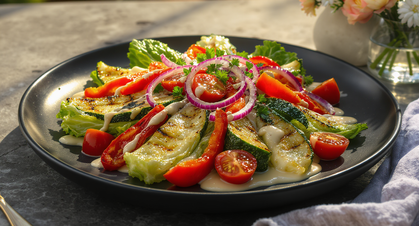 Charred Romaine & Grilled Summer Vegetable Salad with Lemon-Tahini Vinaigrette