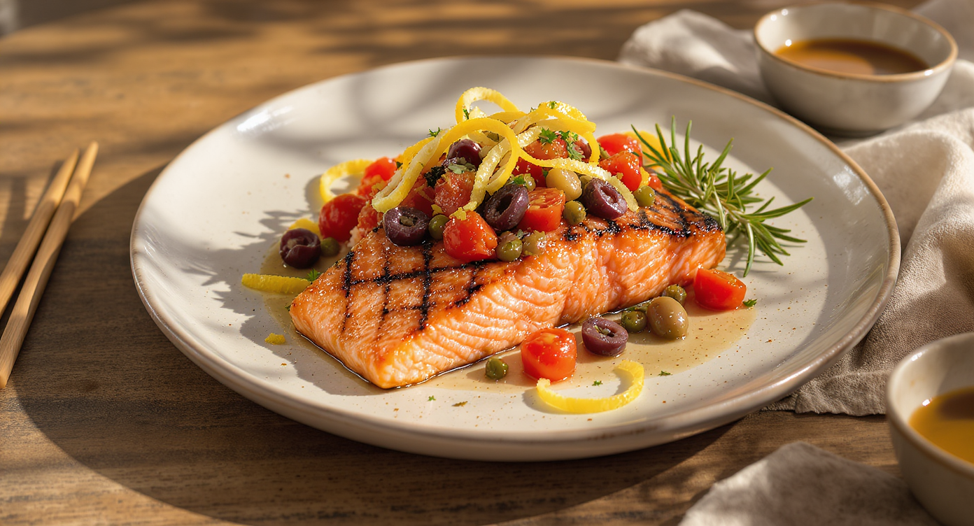 Mediterranean Lemon-Rosemary Grilled Salmon with Olive Relish
