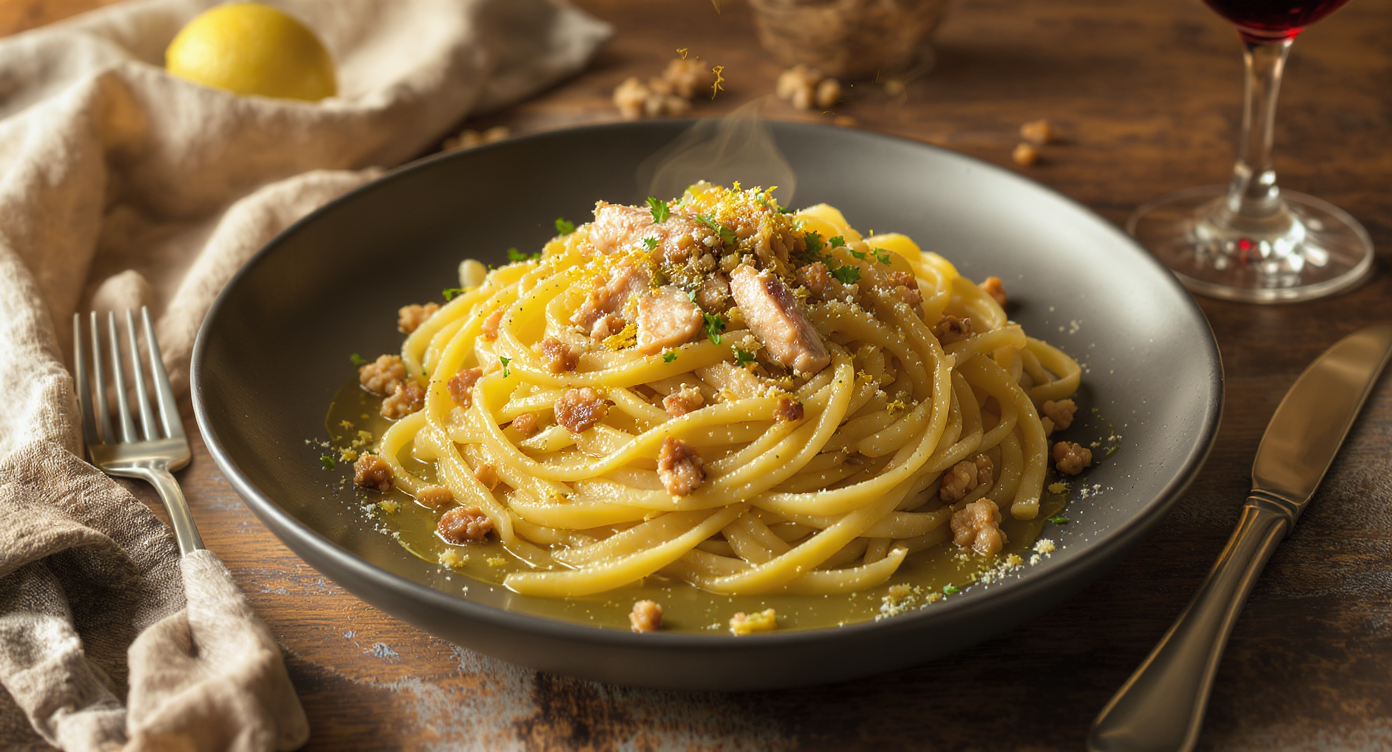 Lemony Sardine & Lentil Pasta with Toasted Walnuts