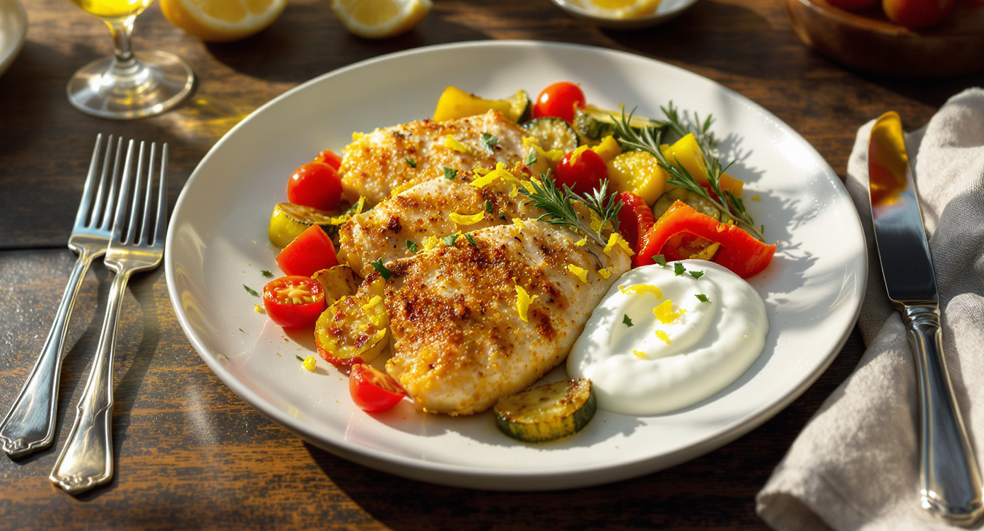Herb-Crusted Chicken with Roasted Summer Vegetables and Lemon Yogurt Sauce