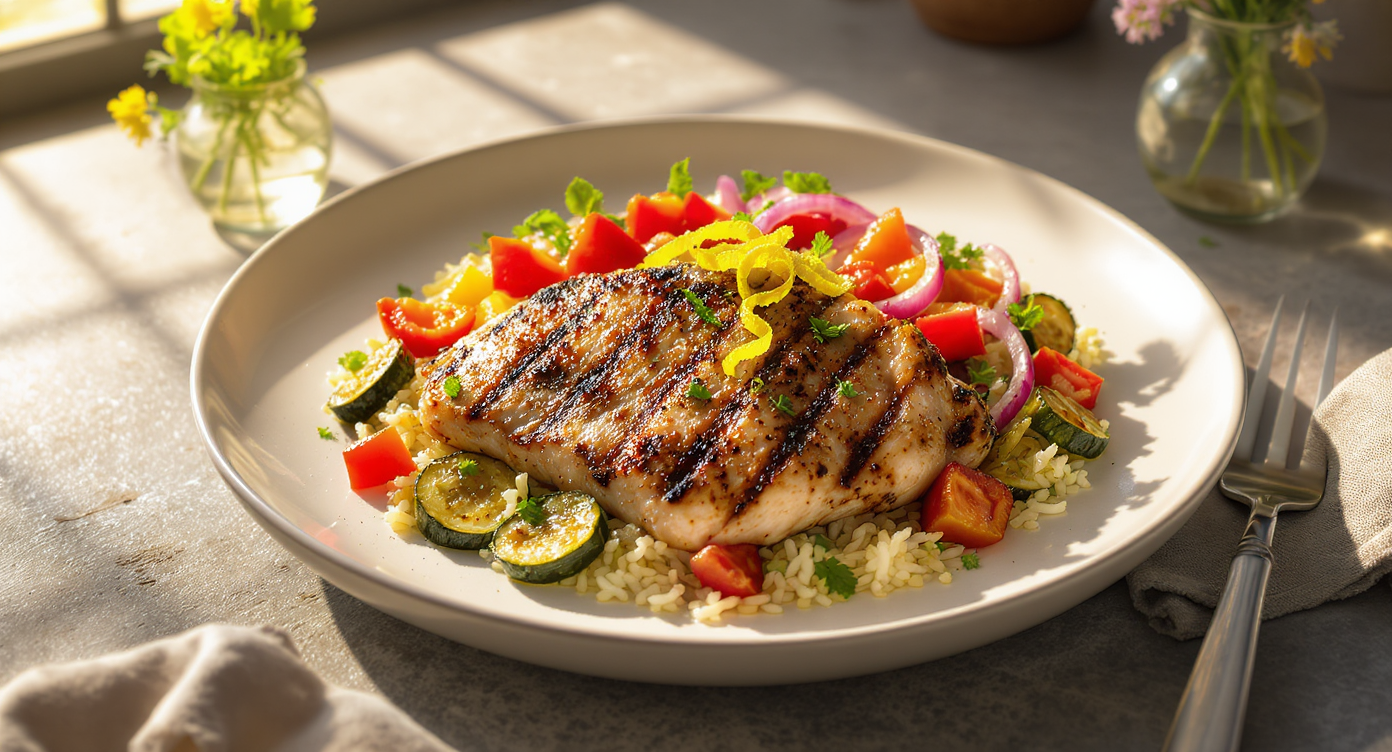 Mediterranean Lemon-Oregano Chicken with Herbed Rice and Roasted Vegetables