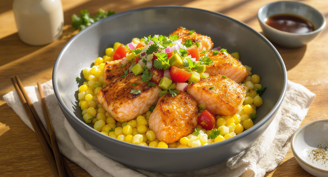 Summer Corn & Seared Salmon Bowls with Tomato-Avocado Salsa