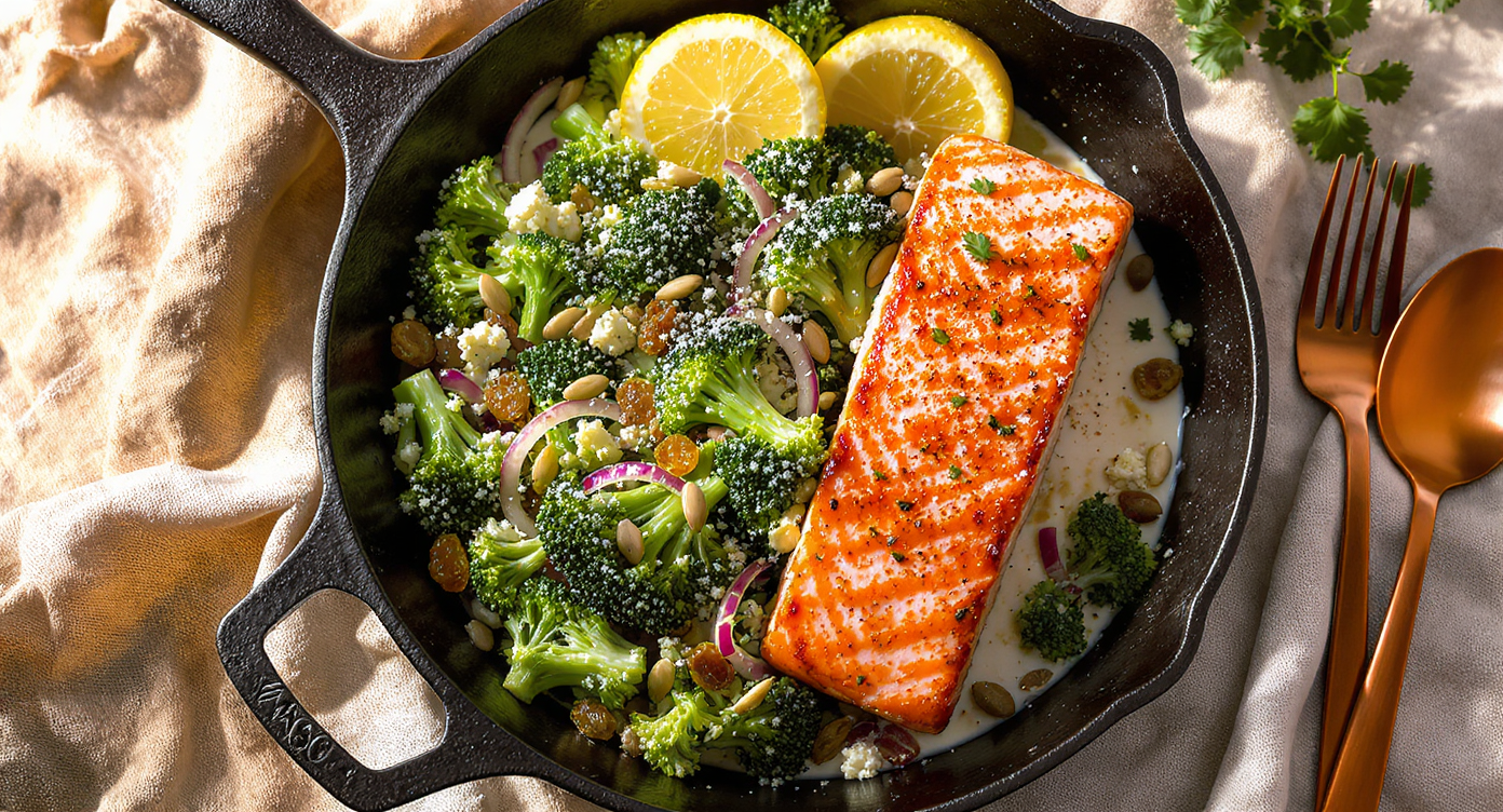 Mediterranean-Style Pan-Seared Salmon with Crunchy Broccoli Salad