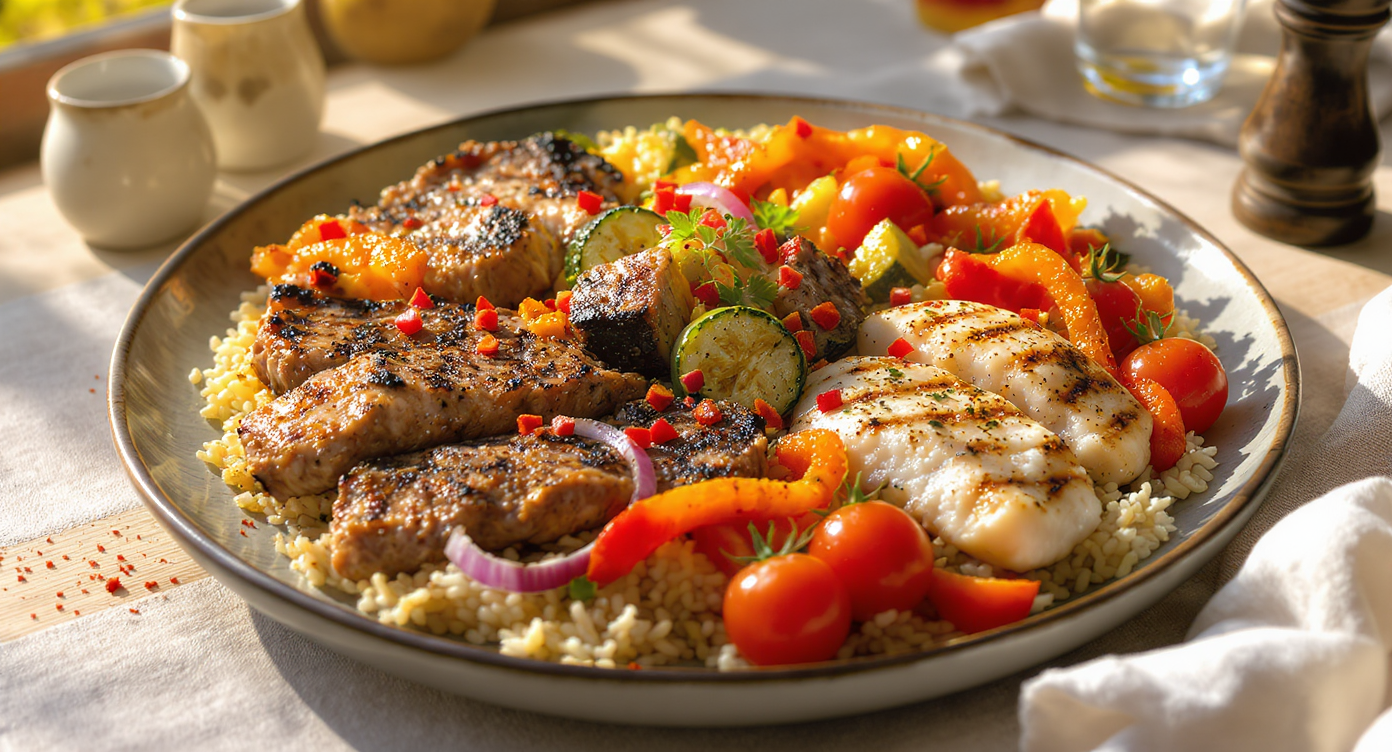 Summer Mixed Grill Platter with Herbed Rice Pilaf and Charred Vegetables