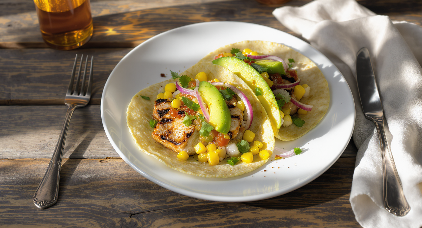 Summer Corn & Grilled Chicken Tacos with Roasted Tomatillo Salsa