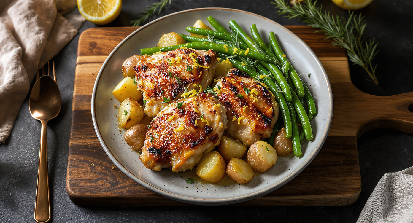Lemon-Rosemary Crispy Chicken Thighs with Roasted Potatoes & Green Beans