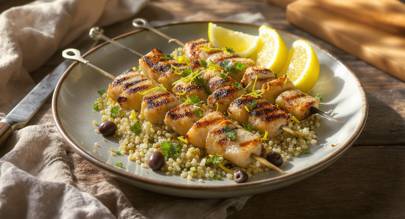 Grilled Mediterranean Swordfish Skewers with Lemon-Olive Quinoa