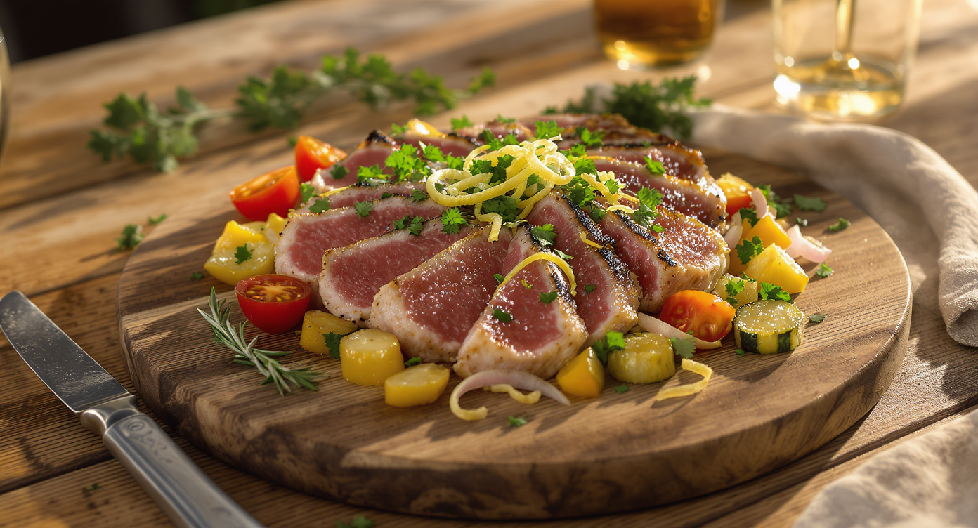 Seared Tuna with Lemon Herb Salsa and Summer Vegetables