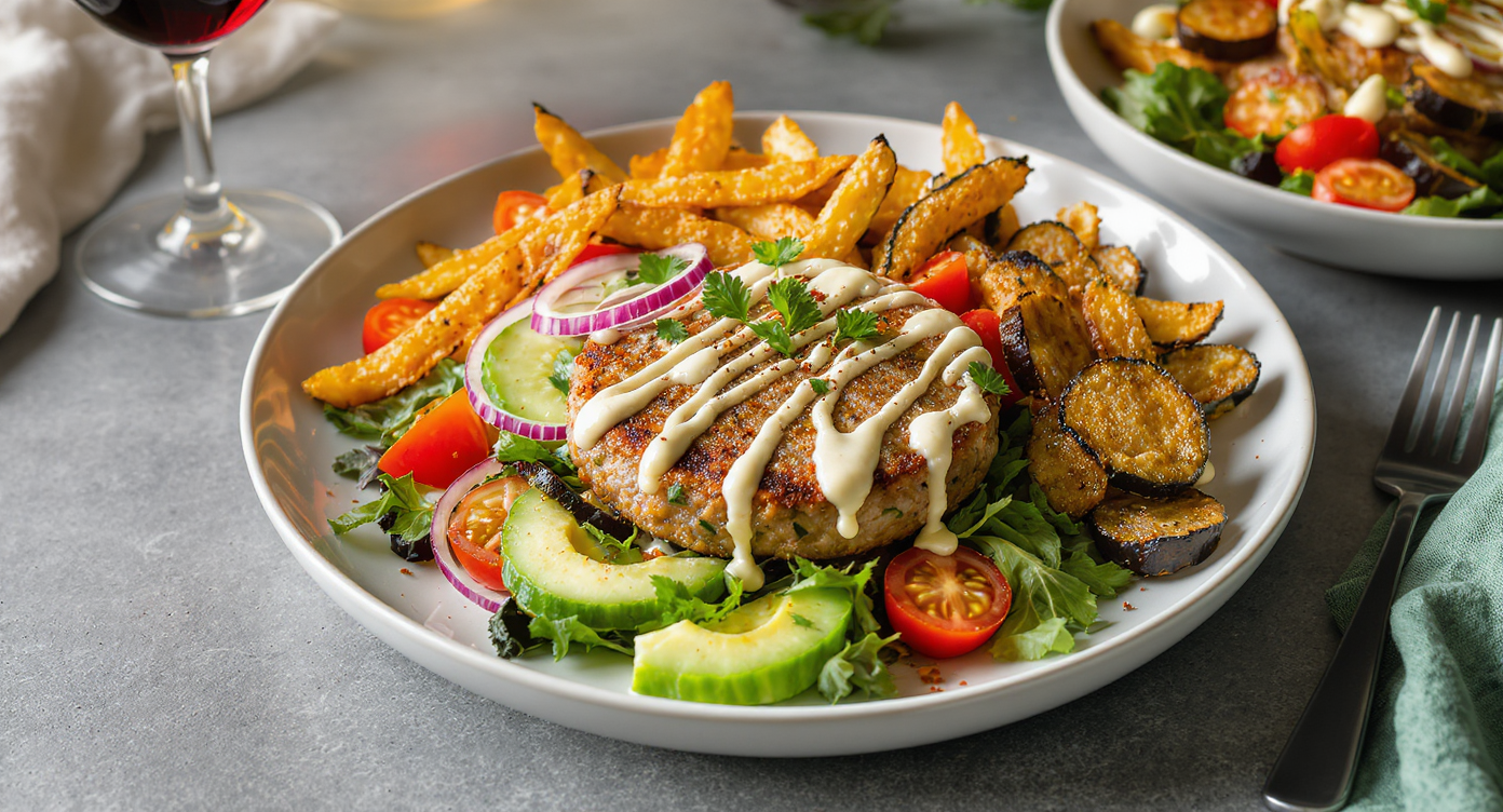 Mediterranean-Inspired Turkey Burger Bowls with Charred Veggie Fries
