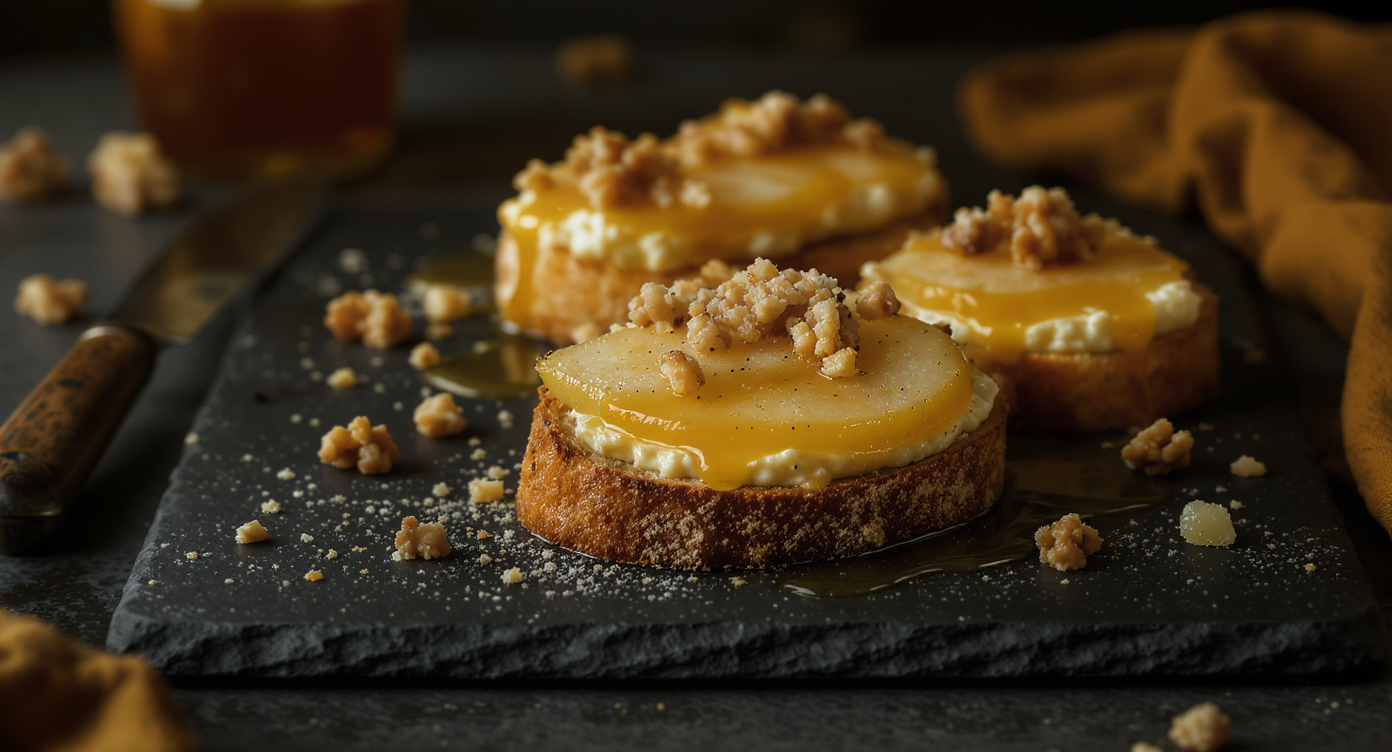 Roasted Pear and Blue Cheese Tartines with Walnut Honey Drizzle