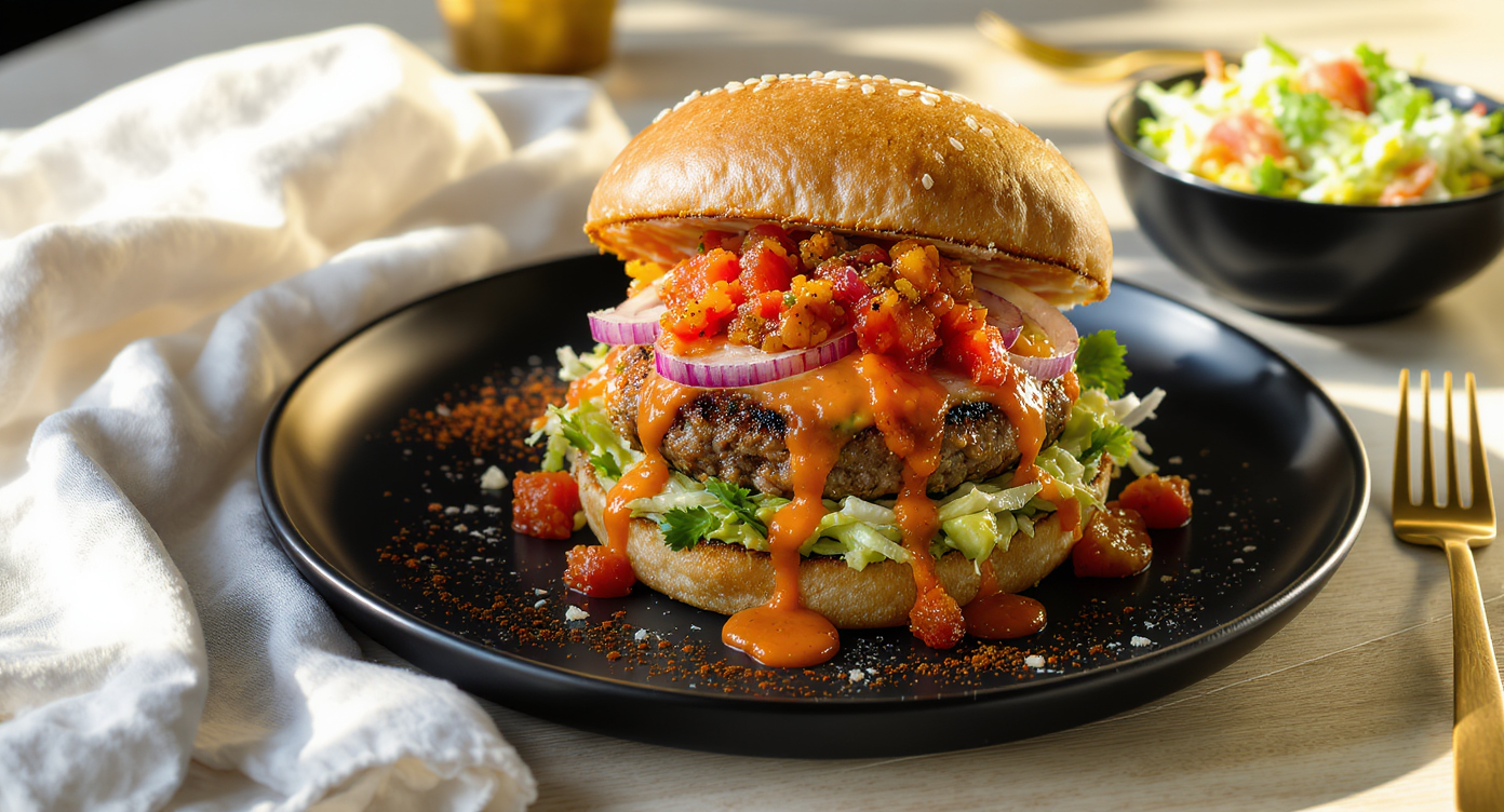 California Umami Turkey Burger with Charred Tomato Relish & Avocado Slaw
