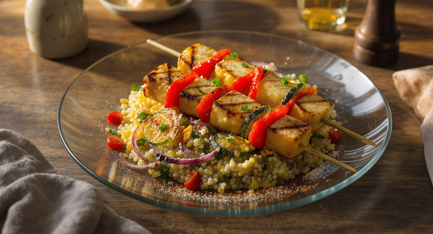 Grilled Halloumi & Vegetable Skewers with Lemon-Herb Quinoa