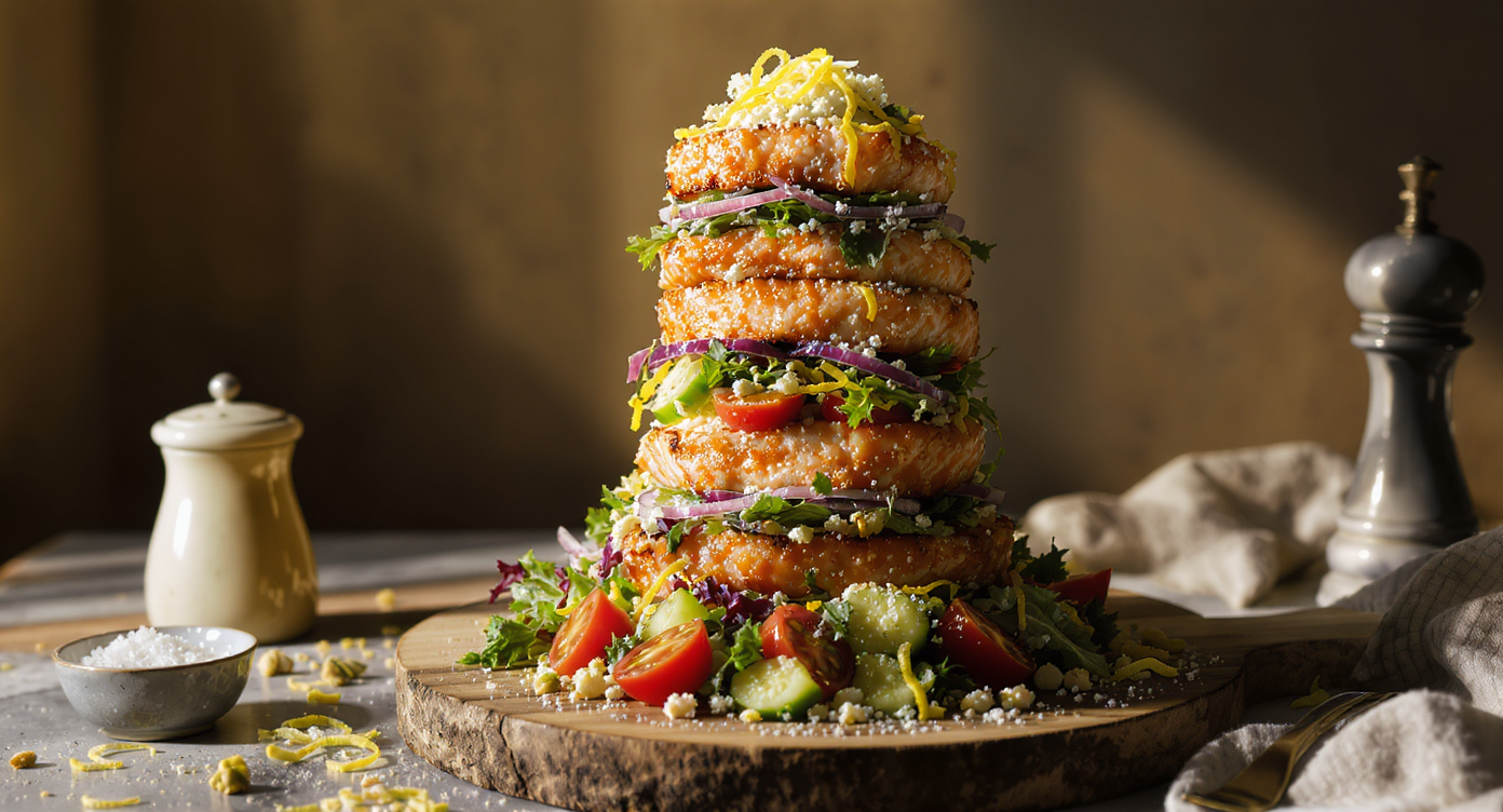 Towering Mediterranean Salmon & Lentil Salad