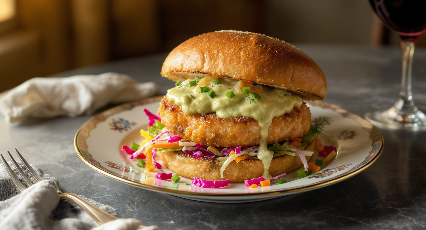 Crispy Salmon Burger with Pickled Shallot Slaw & Smoky Avocado Aioli