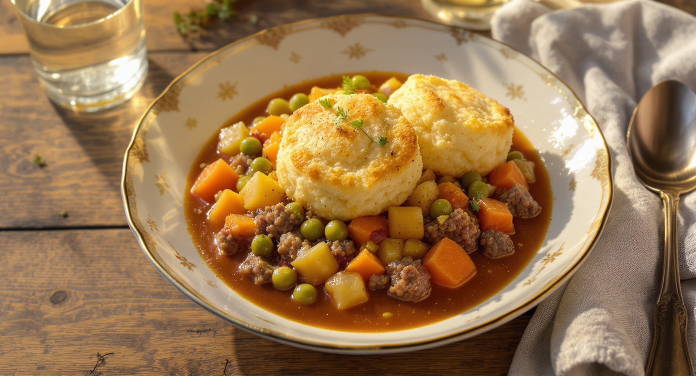 Slow-Cooker Hamburger Stew with Cheddar Biscuit Topping