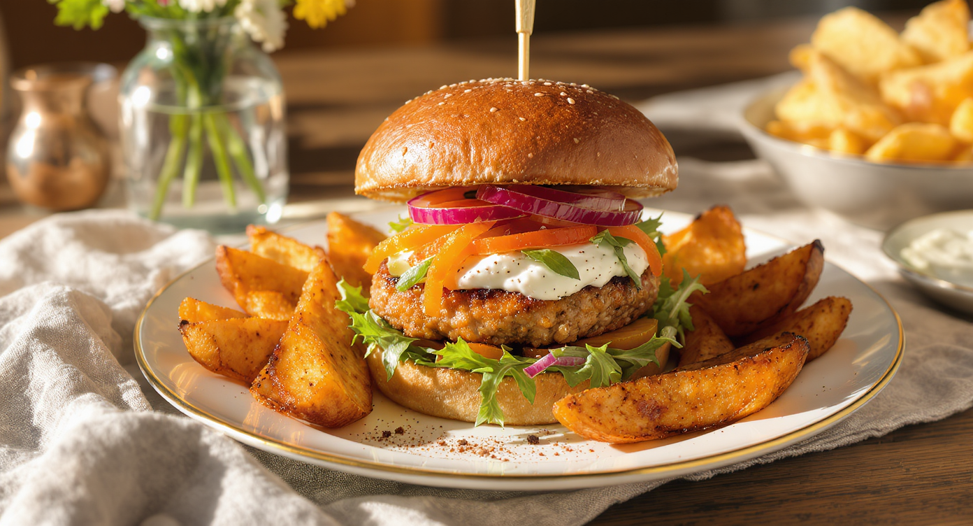 California Umami Turkey Burger with Charred Scallion Yogurt, Crunchy Pickled Veg, and Smoky Sweet Potato Wedges