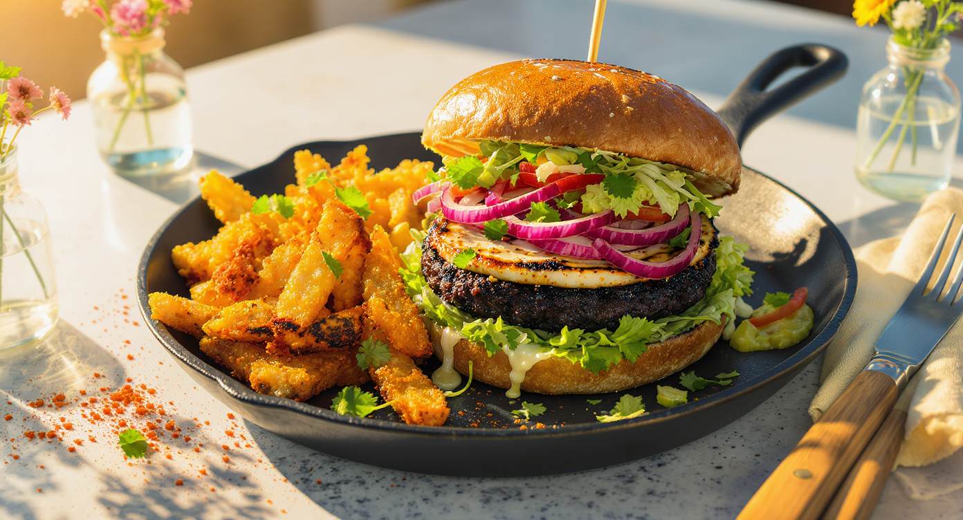 Charred Halloumi & Black Bean Smash Burger with Avocado-Lime Slaw and Crispy Spiced Chickpea Fries
