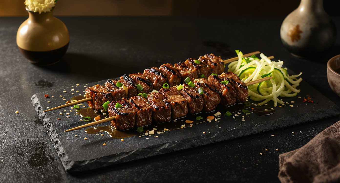 Keto Grilled Asian Beef & Scallion Skewers with Sesame Cucumber Salad