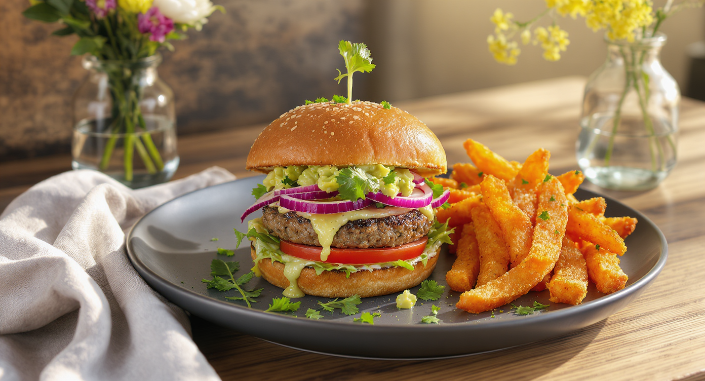 California Chimichurri Turkey Burgers with Crispy Carrot Fries and Avocado Slaw