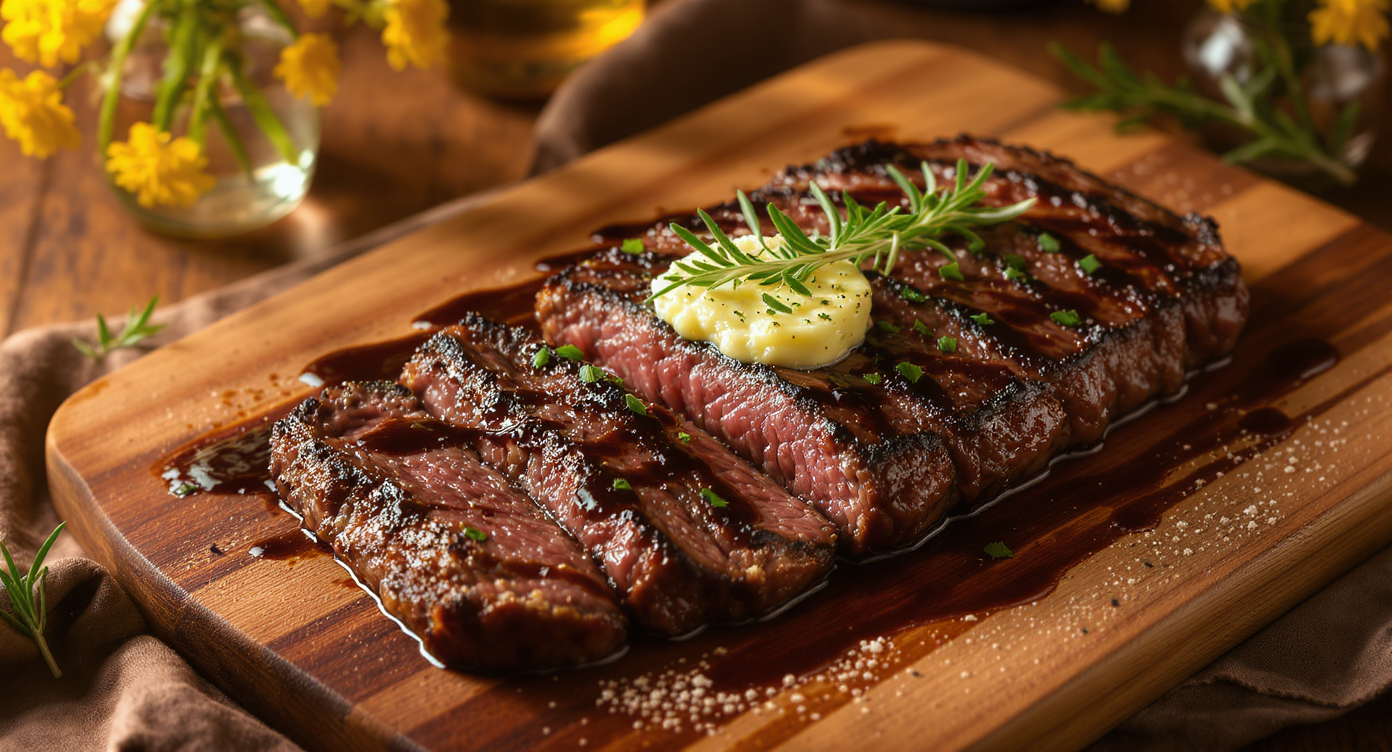 Pan-Seared Hanger Steak with Herb Butter and Balsamic Glaze