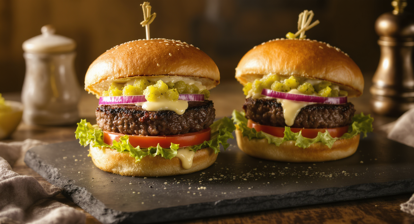 Classic Juicy Hamburgers with Tangy Pickle Relish