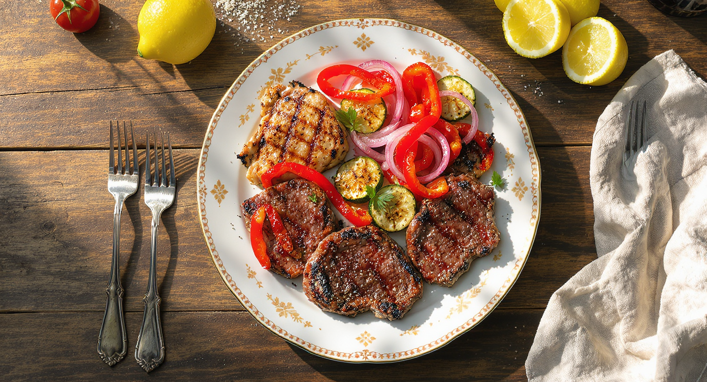 Brined Grilled Mixed Meats with Charred Summer Vegetables