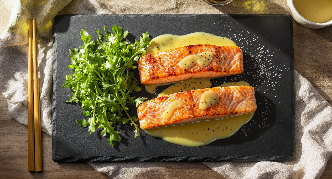Dairy-Free French-Style Lemon Tarragon Vinaigrette Emulsion with Roasted Salmon