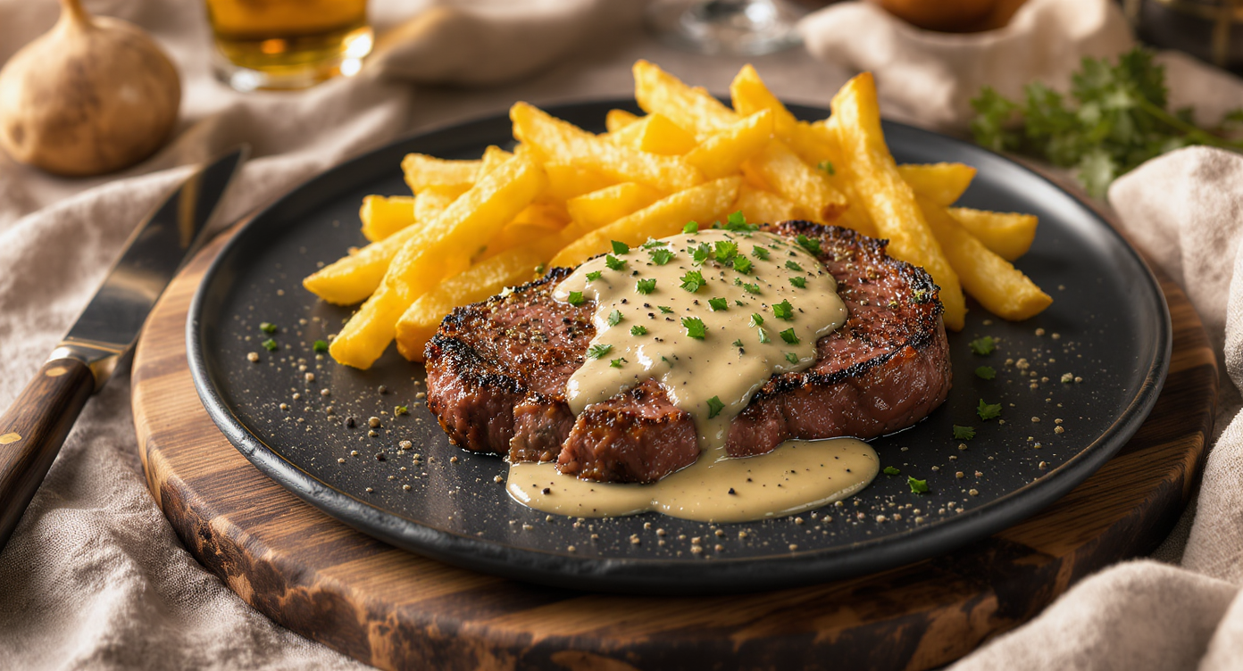 Steak au Poivre with Creamy Peppercorn Sauce and Fries