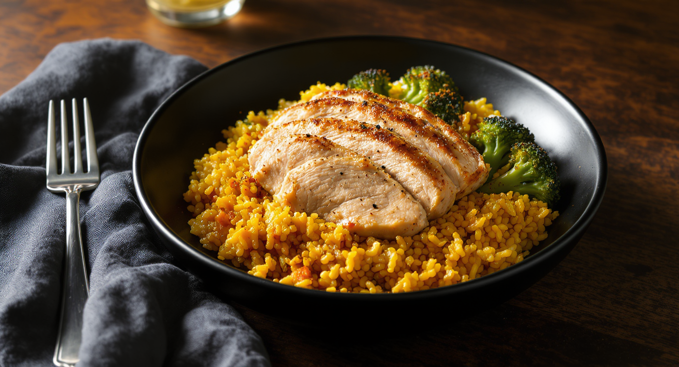 Brined Chicken and Golden Rice with Roasted Broccoli