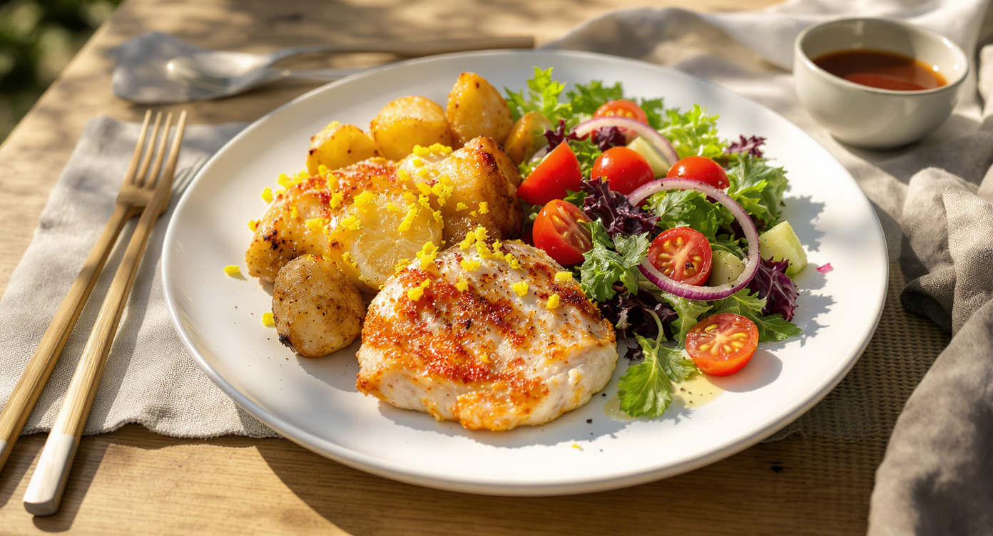 Sunny Citrus Chicken with Crispy Potatoes & Summer Salad