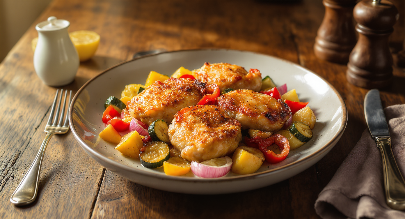Crispy Chicken Thighs with Summer Roasted Veggies