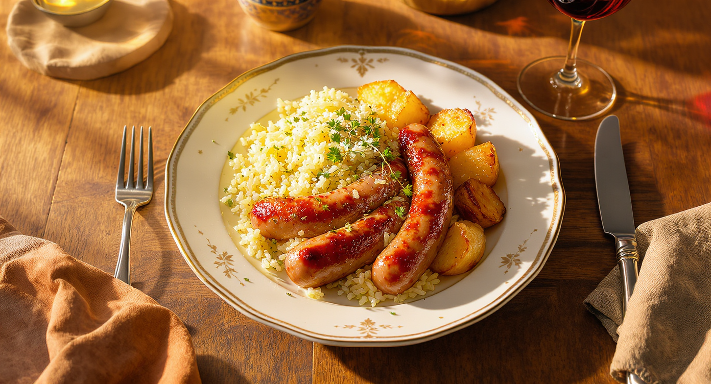 Crispy Sausage with Herbed Rice and Roasted Potatoes