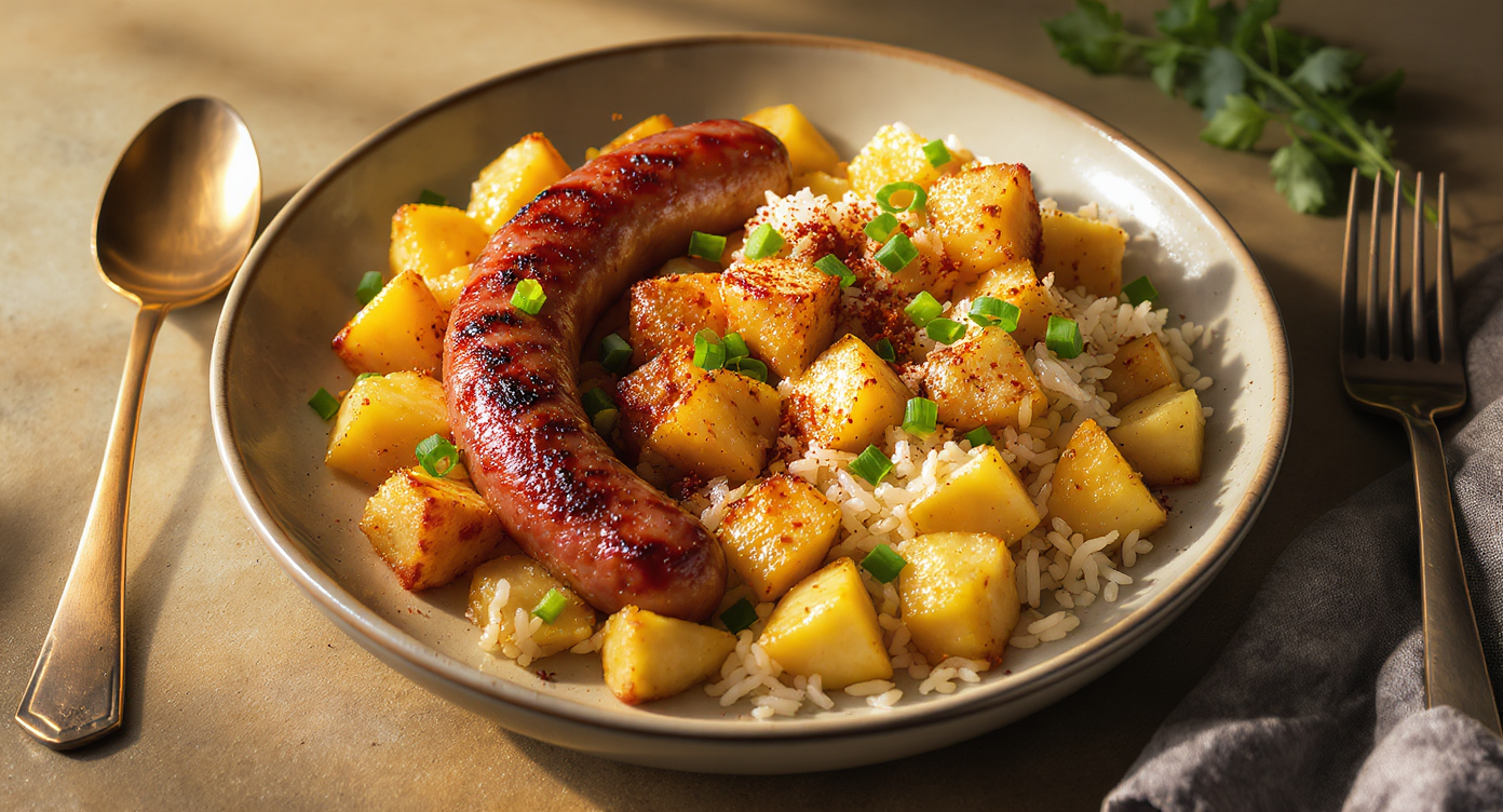 Seared Sausage with Crispy Potatoes & Aromatic Rice