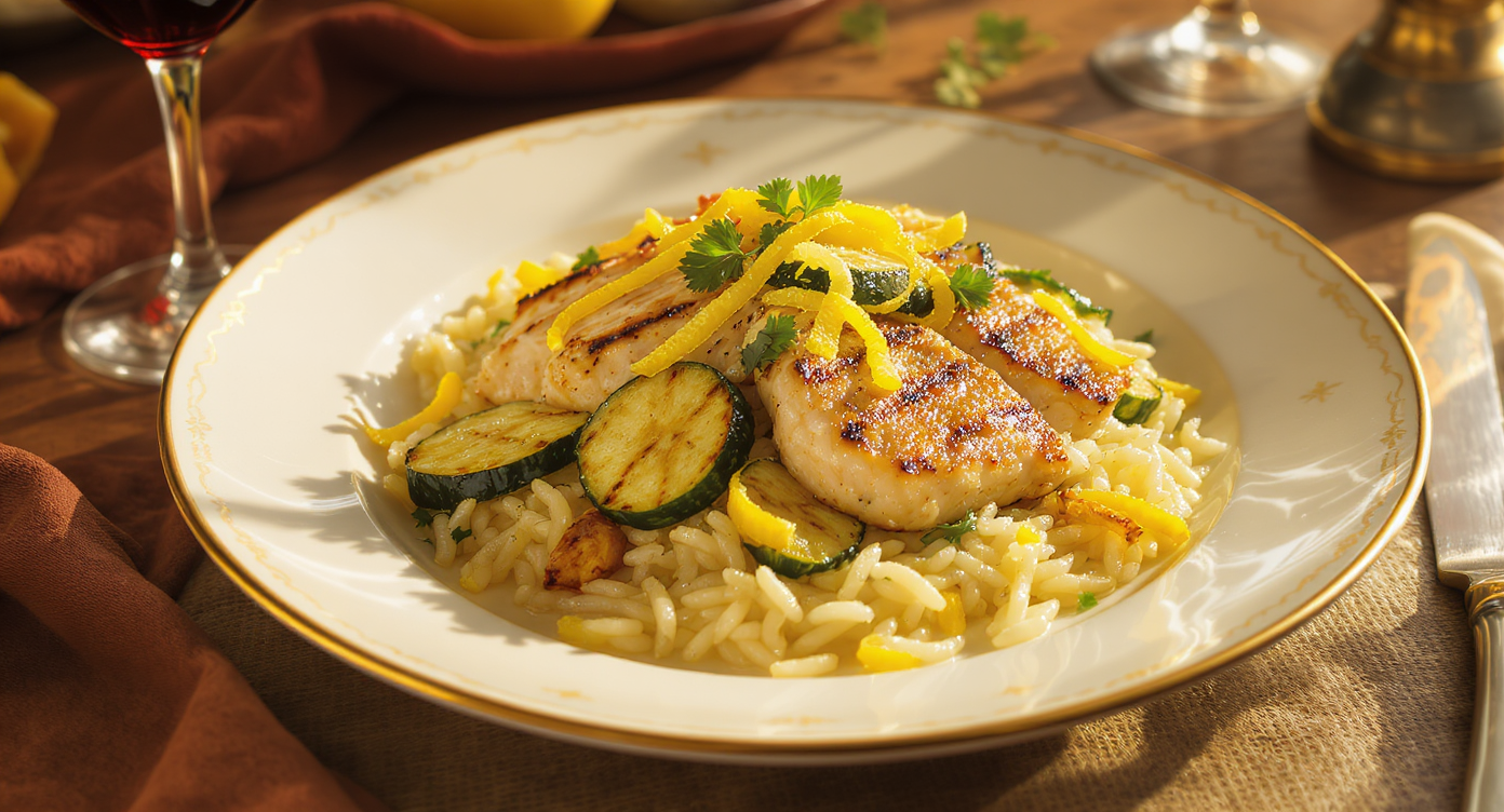 Mediterranean Orzo with Grilled Zucchini & Lemon-Herb Chicken