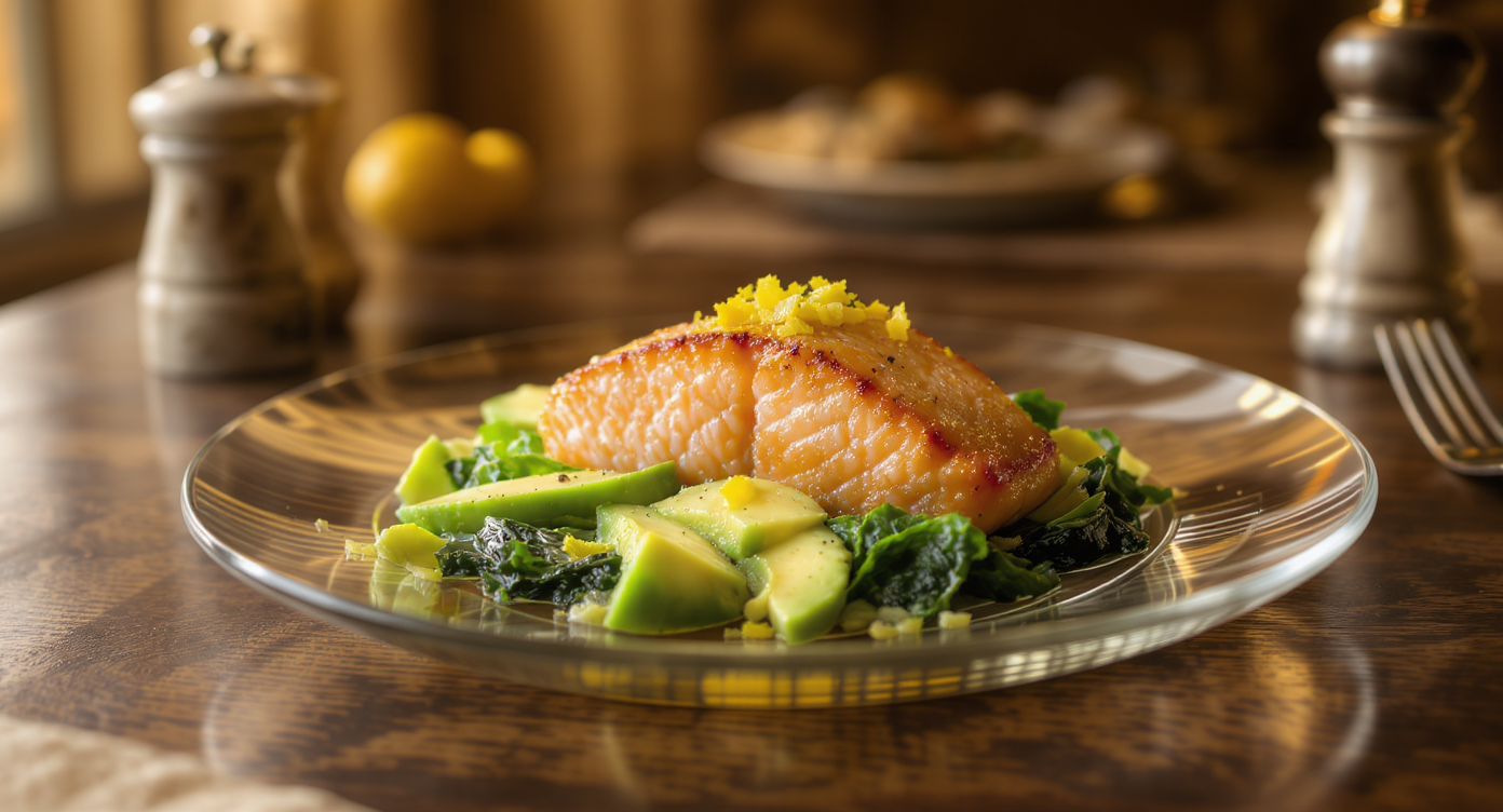 Keto Seared Salmon with Avocado, Wilted Spinach, and Lemon Butter