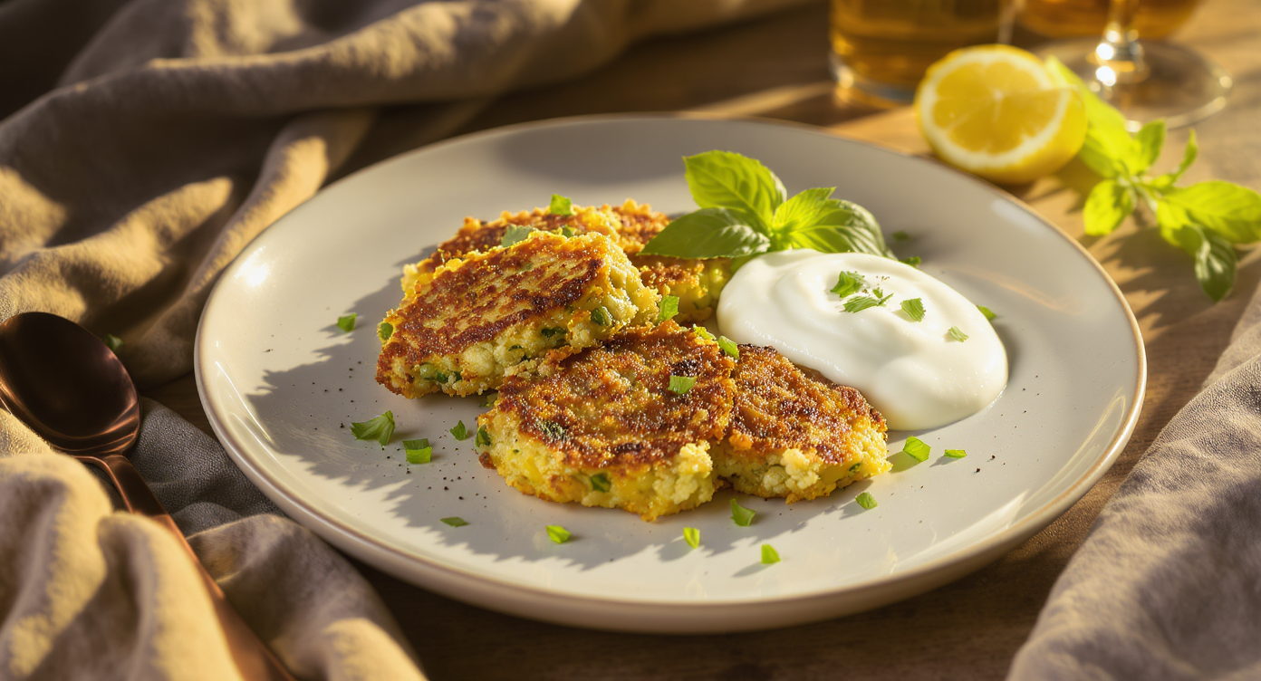 Zucchini & Basil Crispy Fritters with Lemon Yogurt Sauce