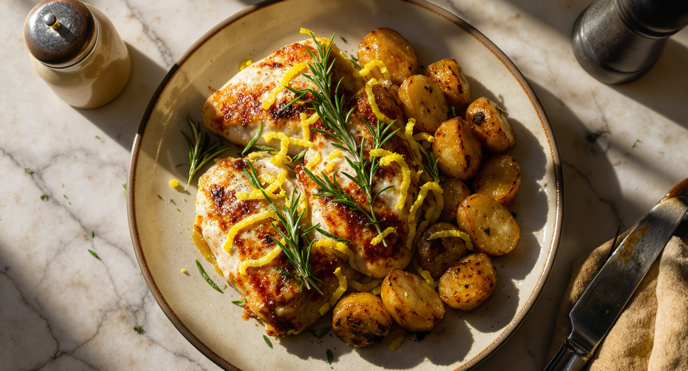 Lemon Rosemary Chicken Breast with Roasted Garlic Potatoes