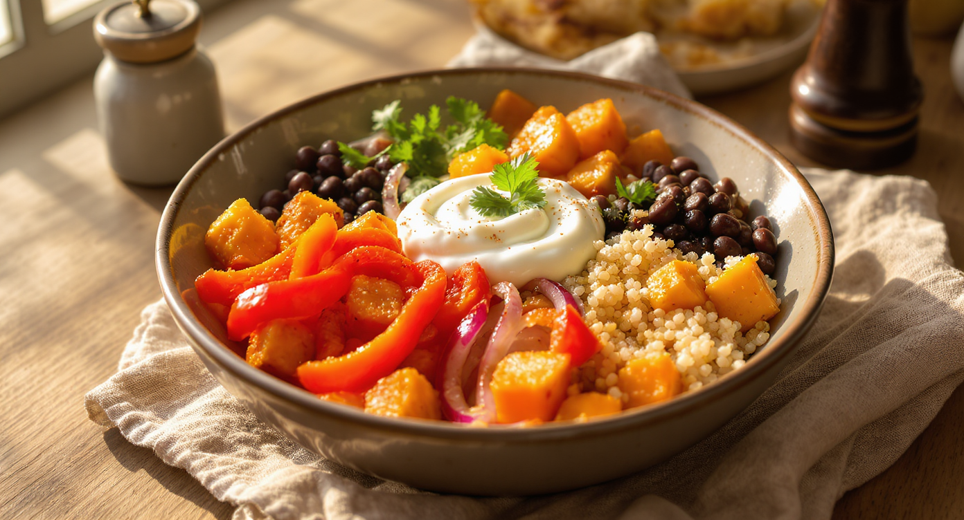Roasted Veggie & Black Bean Power Bowls with Tangy Lime Yogurt