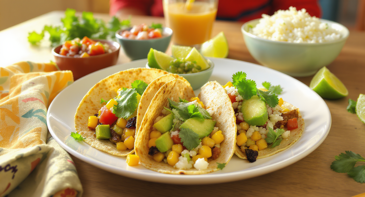 Charred Corn & Avocado Tacos with DIY Salsa Trio and Cilantro-Lime Rice (Vegetarian Remix for Kids)