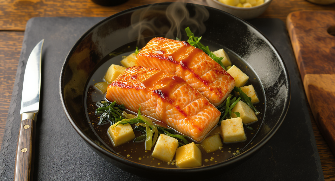 Fermented Soy-Koji Salmon Steak with Umami Broth