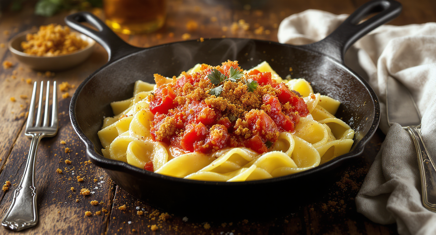 Ricotta Pasta with Roasted Tomato Salsa and Tamale Crumble