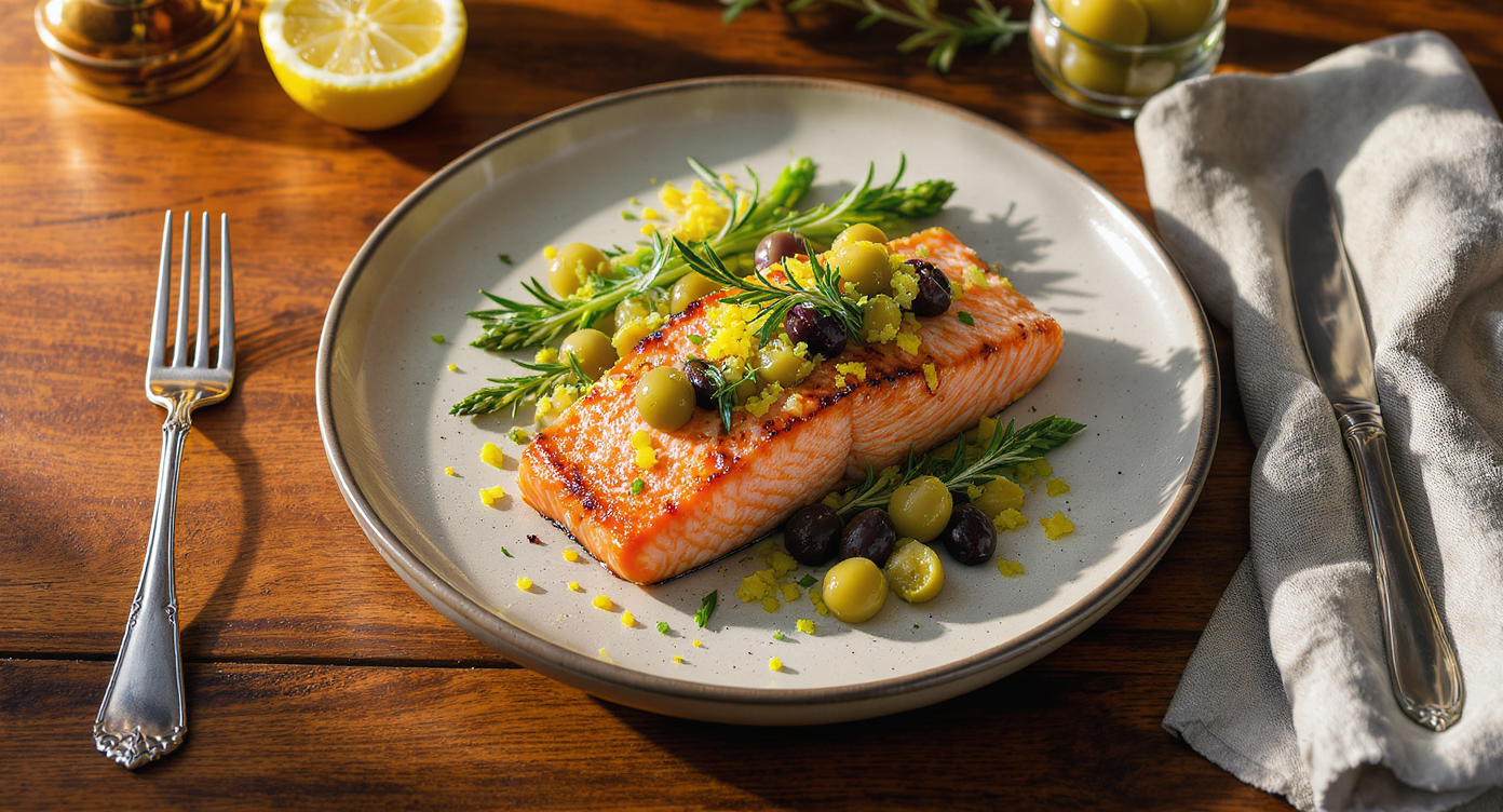 Pan-Seared Salmon with Lemon-Rosemary Olive Relish