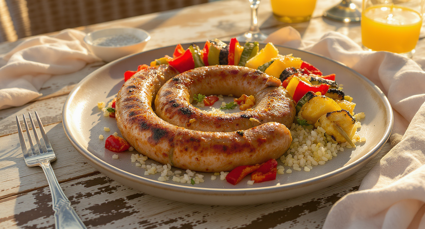 Brazilian Grilled Sausage Spiral with Charred Veggie Skewers & Brown Rice Salad
