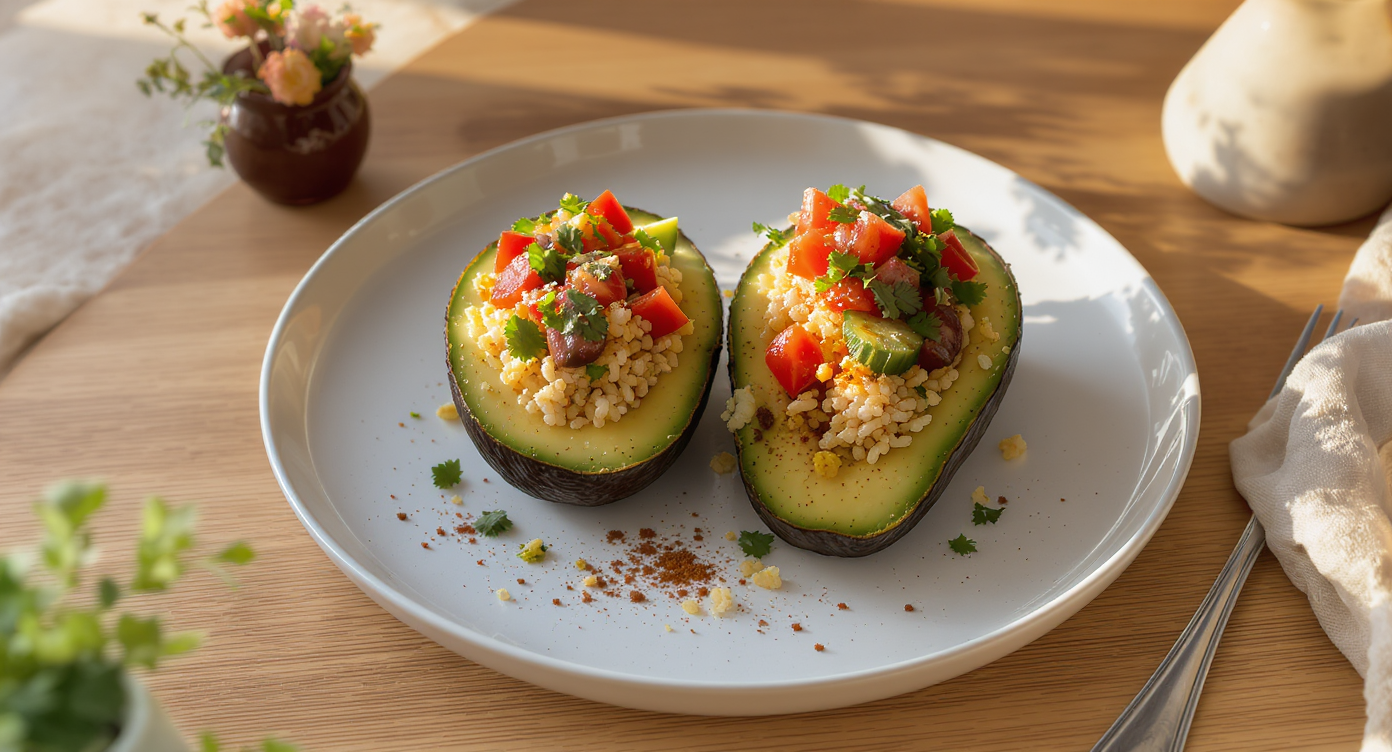 Paleo-Friendly Summer Stuffed Avocados with Spiced Cauliflower Rice
