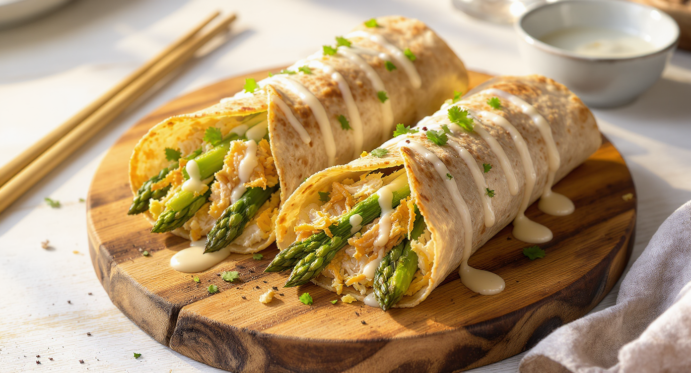 Asparagus & Shredded Chicken Tortilla Wraps with Lemon Yogurt Sauce