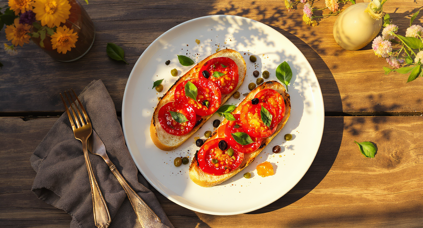 Charred Tomato Bruschetta with Olive & Capers