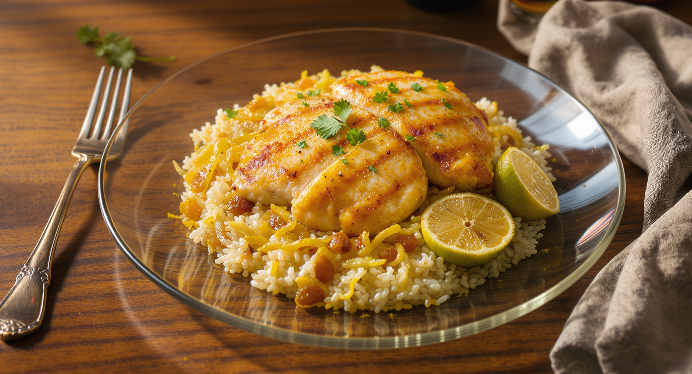 Mediterranean Chicken with Saffron Rice & Caramelized Onions