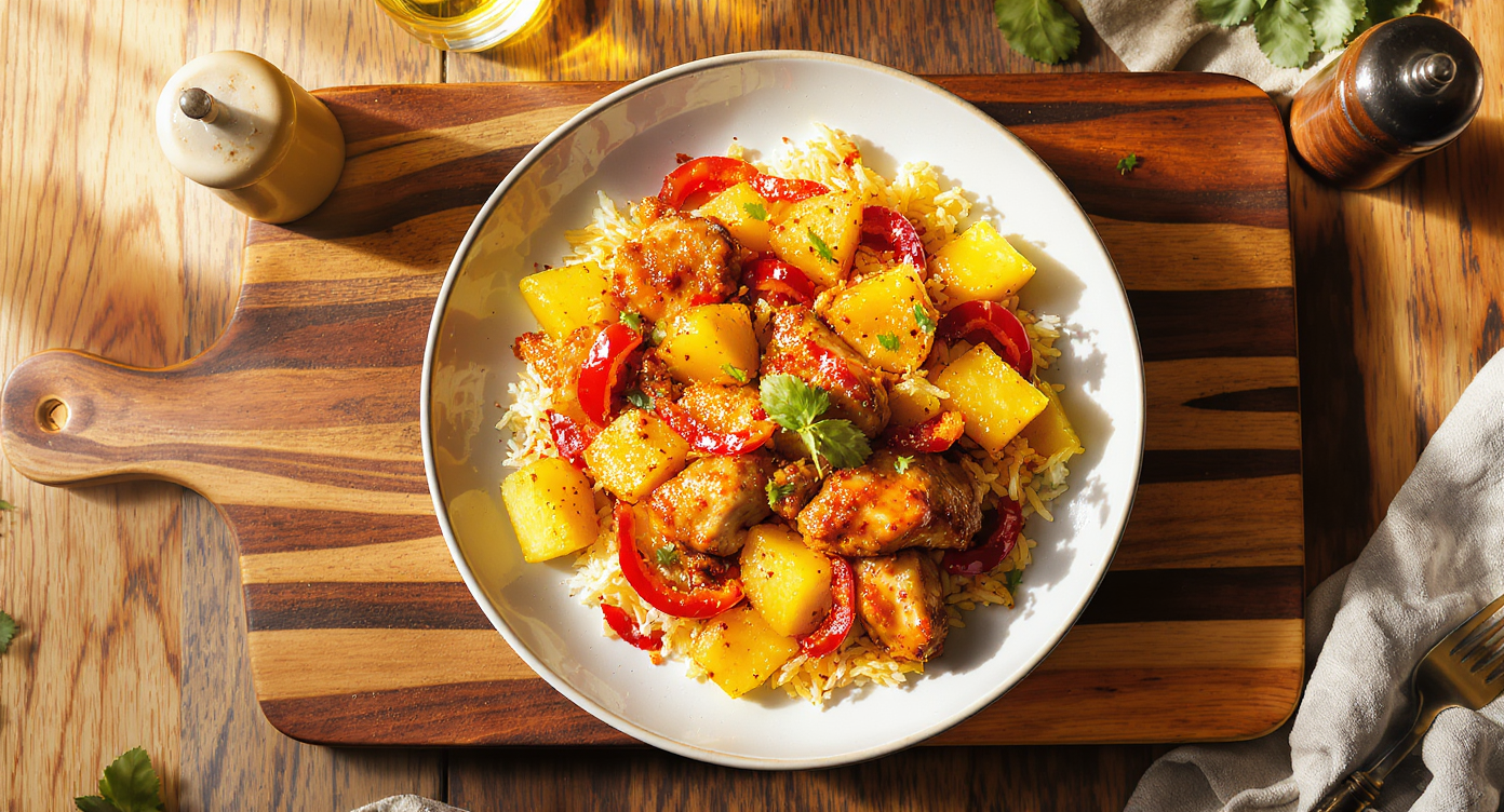 Sweet and Spicy Chicken with Pineapple and Crispy Rice