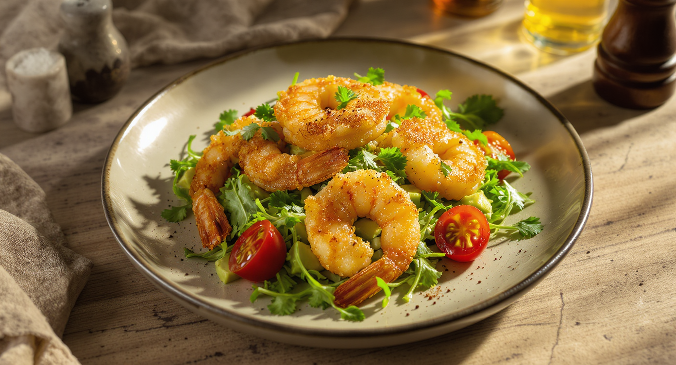 Crispy Garlic Shrimp with Avocado Herb Salad