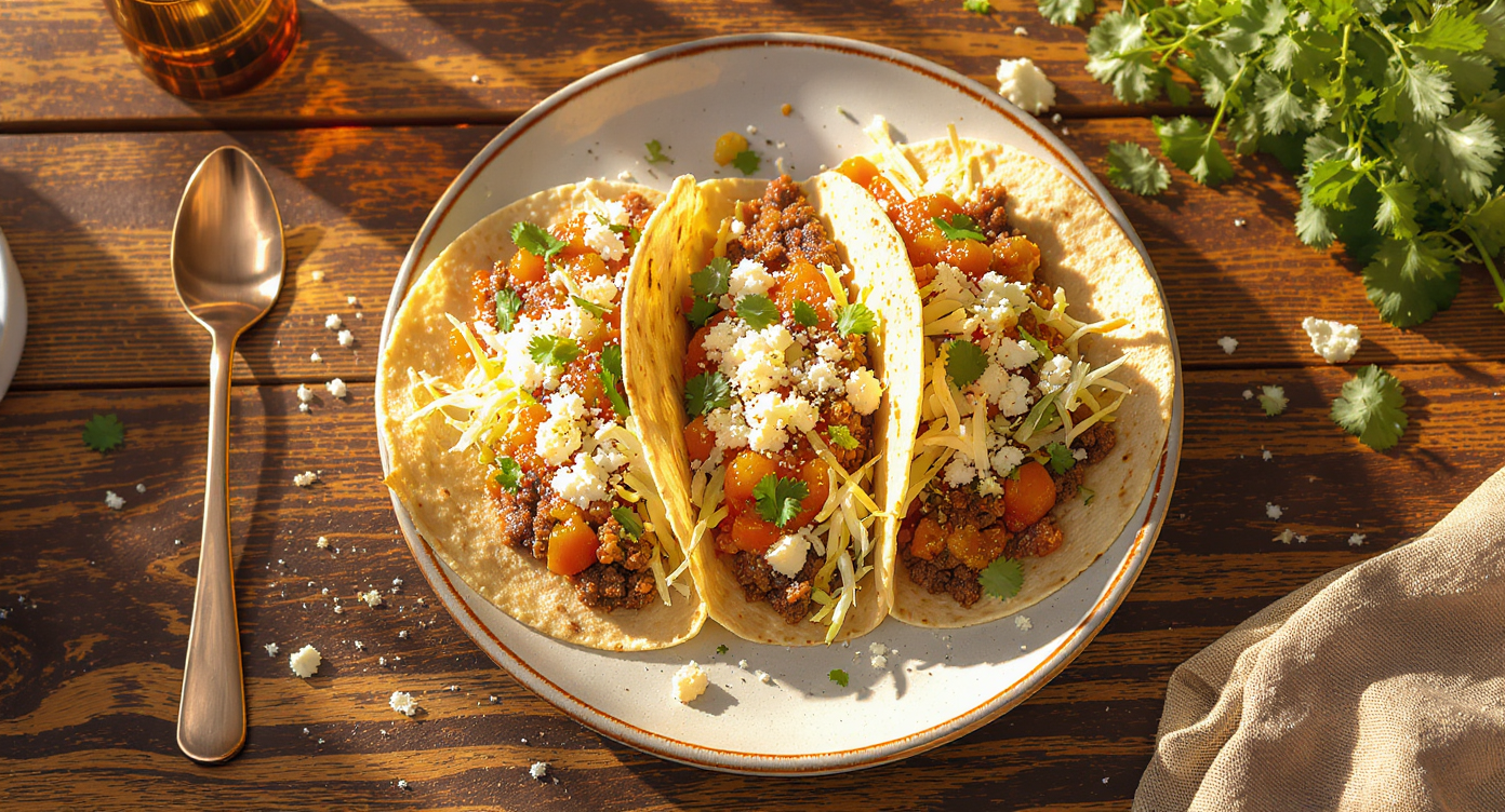 Sizzling Ground Beef Tacos with Roasted Tomatillo Salsa
